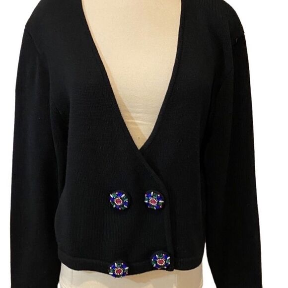 Vintage Robert Scott Ltd Black Cardigan Lambswool Blend Large Beaded Buttons - Picture 9 of 15